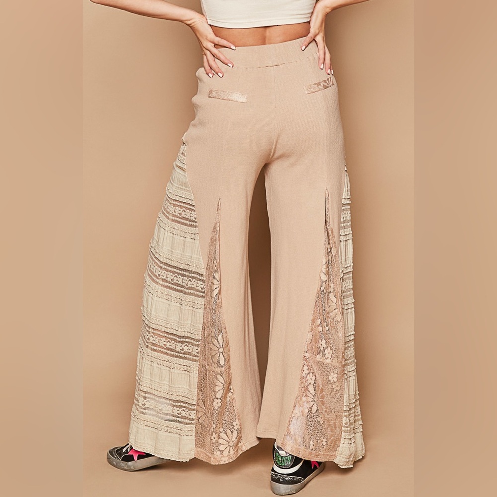 339. POL LAST 1! Wide Leg Pant & Lace Dress Top Tan Pull On Drawstring 2 Piece - Picture 6 of 6